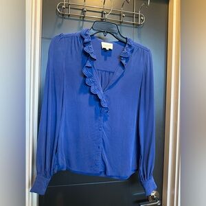 Sezane Chlo Blue Ruffled Silk Blouse